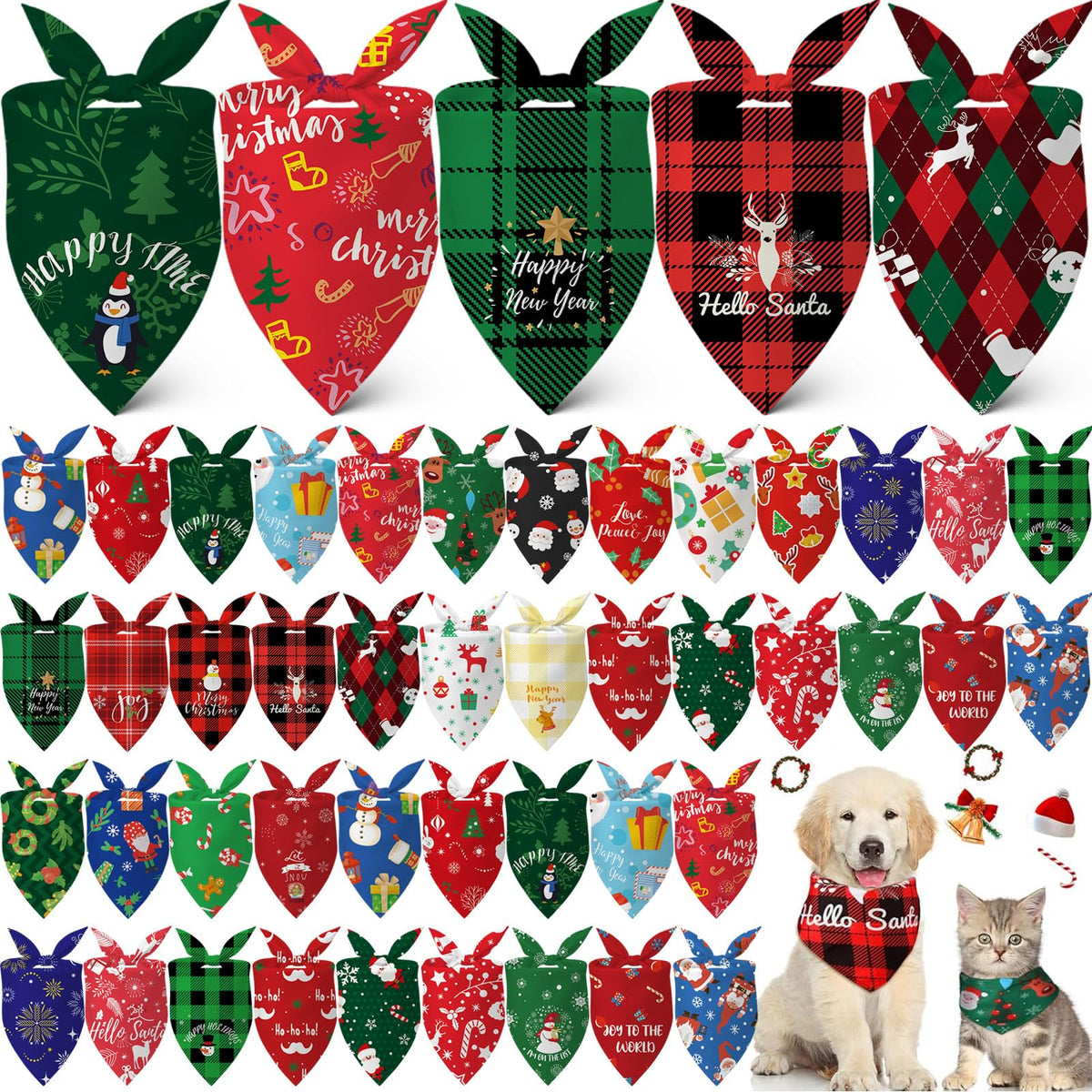 Sanwuta 60 Pcs Christmas Dog Bandanas Bulk Xmas Pet Bib Scarf, Santa Medium