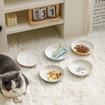 Ceramic Cat Bowls Set - 5.7 inch Wide Cat Food Bowls Whisker Fatigue Friendly, 5 Colorful Kitten Dish Plates with Cute Pattern for Wet and Dry Food Water