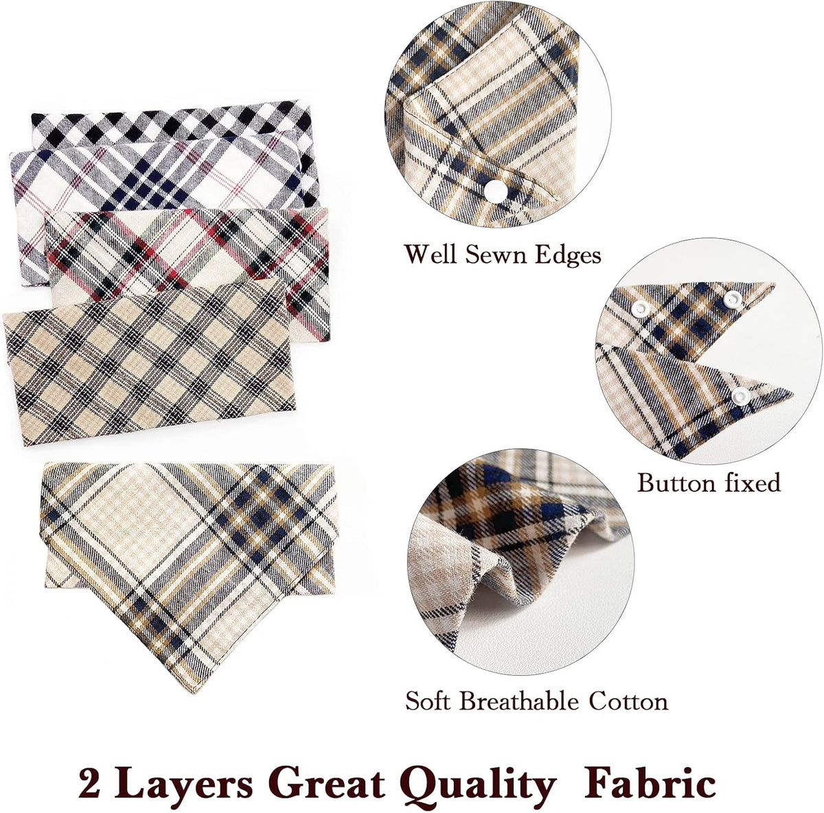 5PCS Dog Bandanas with Button - Thick Triangle Bibs Dual Layer Soft Cotton Scarves for Small Medium Boy Girl Puppy Cat Pet Baby Square Plaid Printing Washable Kerchief Halloween Costumes Outfits