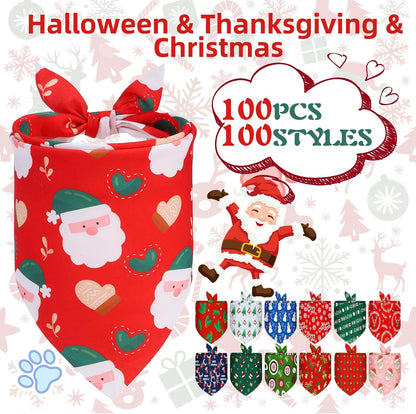 PAWCHIE Halloween Dog Bandanas 100 Packs, Holiday Bulk Pet Bibs Colorful Pet Triangle Scarf Pet Bandanas Plaid Festival Style for Small to Large Dogs Puppies Cats, Halloween & Thanksgiving & Christmas