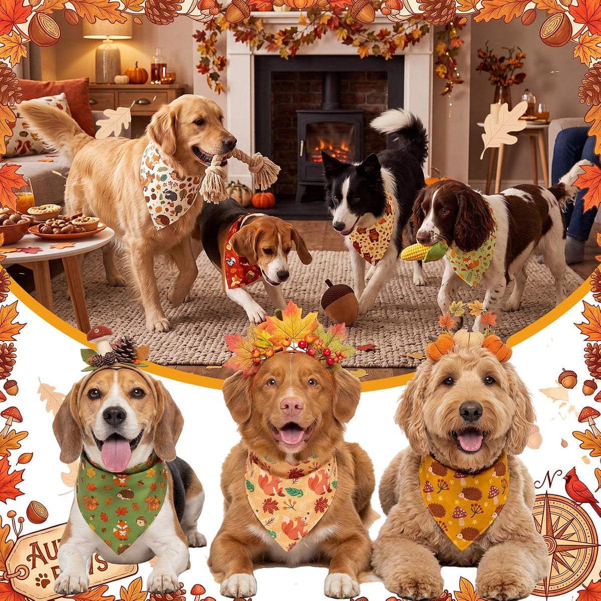 Weewooday 50 Pcs Fall Dog Bandanas Bulk for Autumn Pet Soft Bibs Adjustable Squirrel Fox Hedgehog Kerchief Bandana for Small Medium Large Grooming Accessories (Fall Animals, 25.6 x 17.7 x 17.7 Inch)