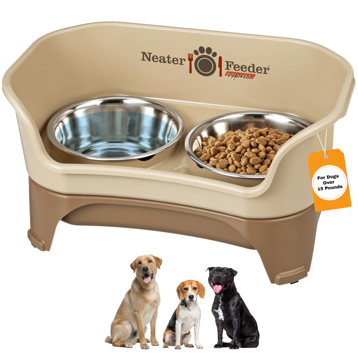 Neater Feeder Express Mess Proof Dog Bowls Elevated for Small Breeds under 15 Lb, Made in USA, No Spill Raised Dog Food Bowl Stand, Stainless Steel Food and Water Bowl Set, Feeding Station, Cappuccino