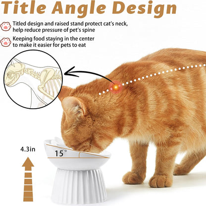 Ceramic Raised Cat Bowl，Tilted Raised Cat Bowl Anti Vomit Cat Bowls for Indoor Cats Whisker Friendly Pet Feeder for Cats Puppies, Microwave and Dishwasher Safe