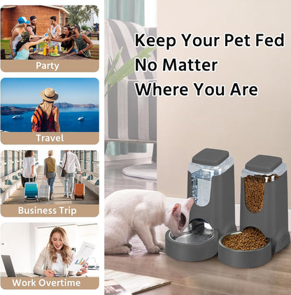 2 Pack Automatic Cat Feeder and Gravity Stainless Steel Water Dispenser, Dog Food Feeder and Waterer Set for Small Medium Puppy Kitten Pets (1 Gallon x 2, Gray)