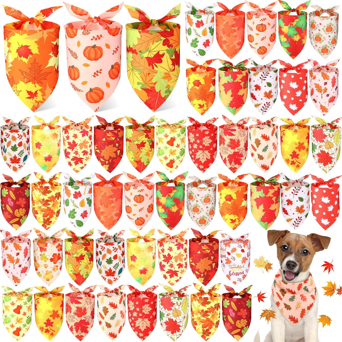 Preboun 50 Pcs Fall Dog Bandanas Bulk, Autumn Pumpkin Maple Leaves Pattern