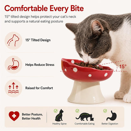 Red Mushroom Cat Bowl, Elevated Ceramic Bowl for Cats