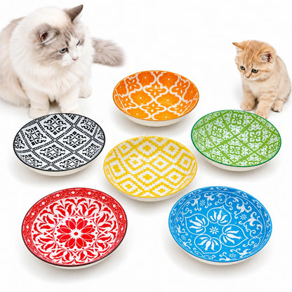 Ceramic Cat Bowls Set of 6 - Colorful Cute Shallow Cat Dishes - Great for Multi-Pet Homes - 5.6 Inch, Whisker Friendly and Wide - Microwave & Dishwasher Safe - 5.3 oz (185 ml)