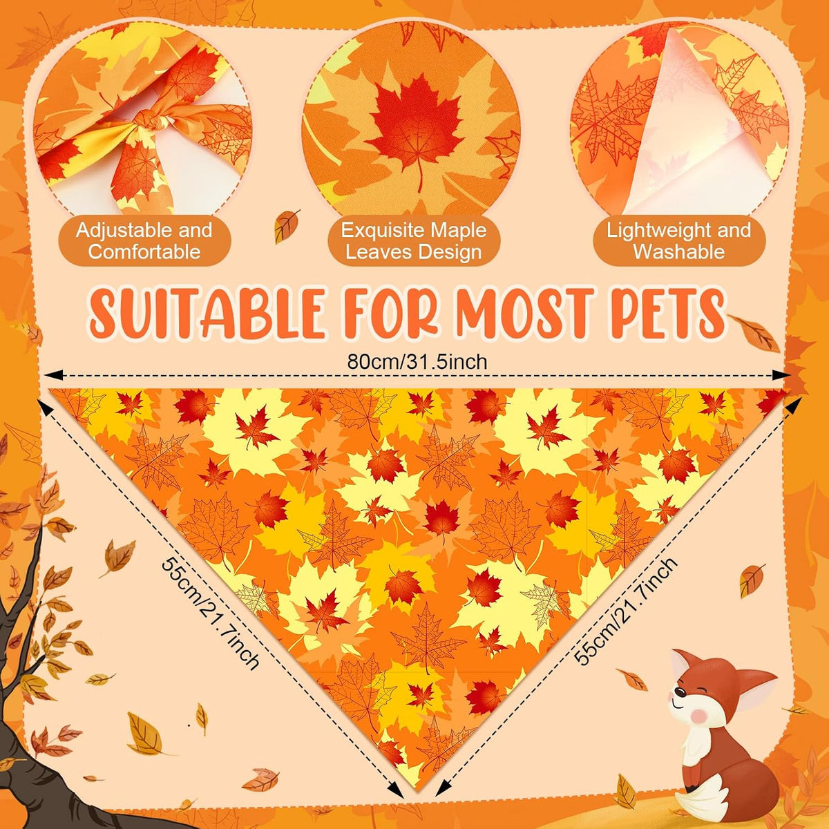 Preboun 100 Pcs Fall Dog Bandanas Bulk, Autumn Pumpkin Maple Leaves Pattern