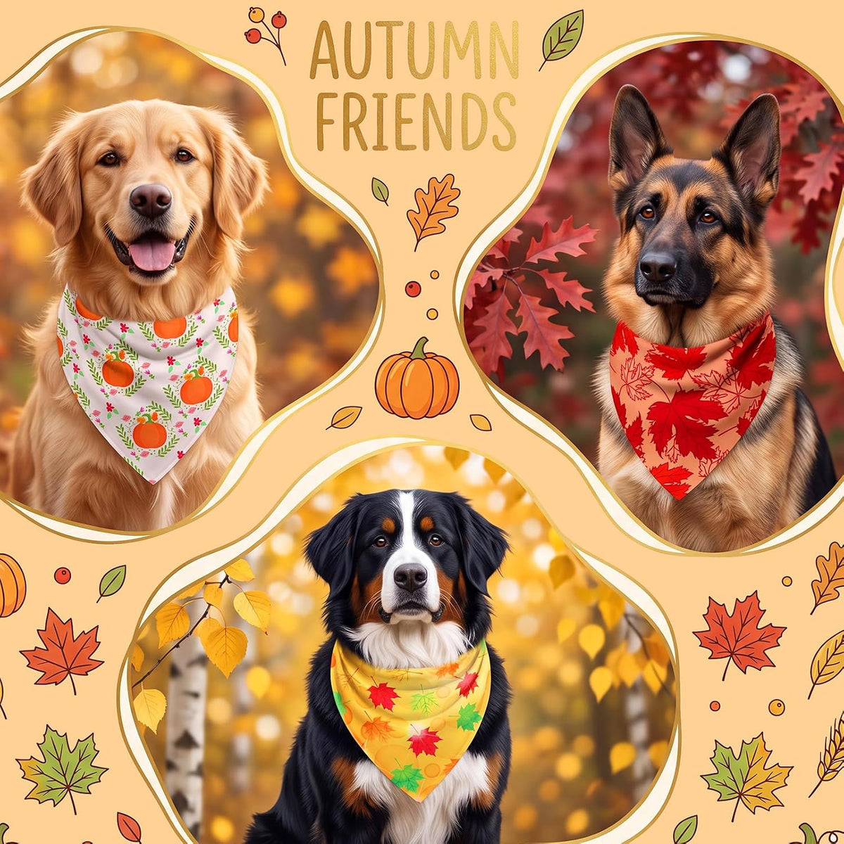 Preboun 100 Pcs Fall Dog Bandanas Bulk, Autumn Pumpkin Maple Leaves Pattern