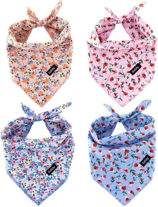 Dog Bandana Spring Cotton XLarge 4PCS, Orange Pink Blue Floral Scarf
