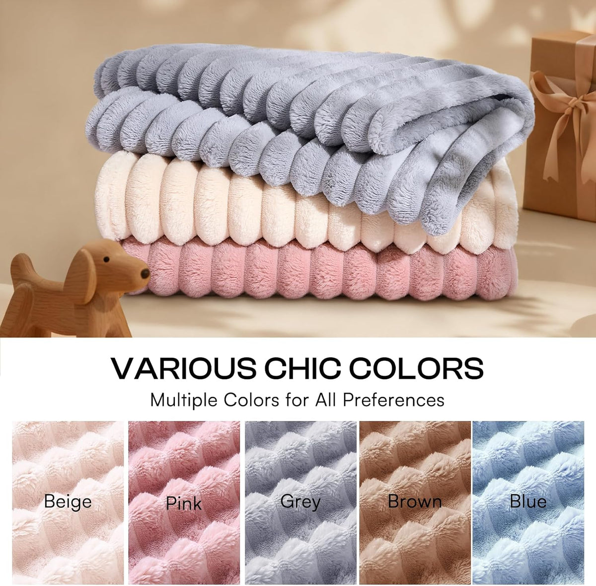 LINENLUX 1 Pack 3 Fleece Dog Blanket Soft Warm Cat Beige/Pink/Grey Small