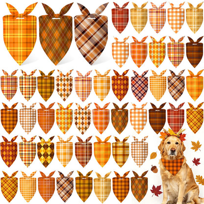 50 Pcs Fall Plaid Dog Bandanas Bulk Autumn Gingham Check Pattern