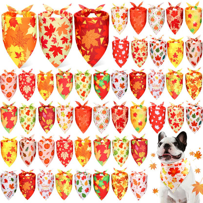 Preboun 50 Pcs Fall Dog Bandanas Bulk, Autumn Pumpkin Maple Leaves Pattern