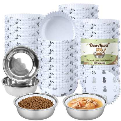 Cat Bowl Set (300 Disposable Pet Bowl Liners with 2 Stainless Steel Bowls)