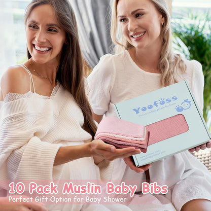 Yoofoss Muslin Baby Bibs 10 Pack 100% Organic Cotton 6-Layer Soft Absorbent Drool Bandana Baby Bibs for Drooling and Teething for Boys and Girls, Gradient Pink