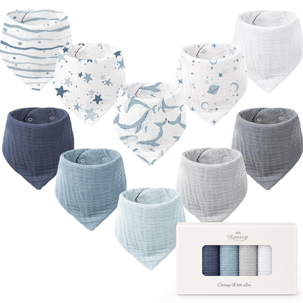Konssy 10 Pack Baby Muslin Bandana Bibs for Drooling and Teething