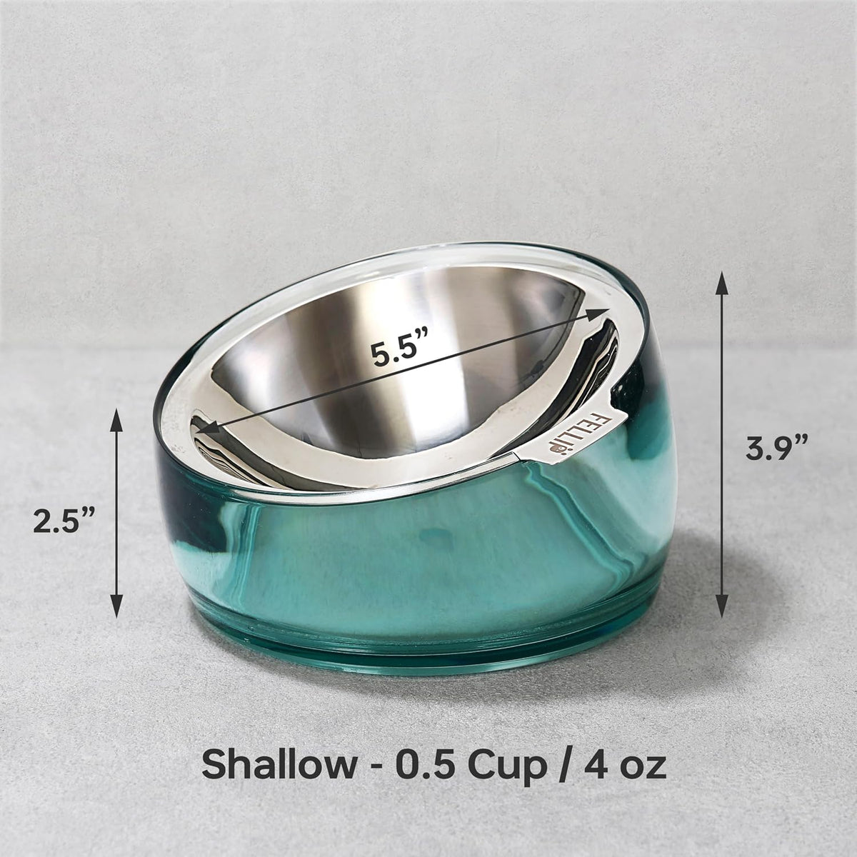 Felli Oblik Elevated Cat Bowl Removable Stainless Steel Wide Dish for Dry Wet Food Feeding & Dishwasher Clean, Slanted Whisker Fatigue Friendly Metal Plate (Classic, 0.5 Cups Shallow Dish)