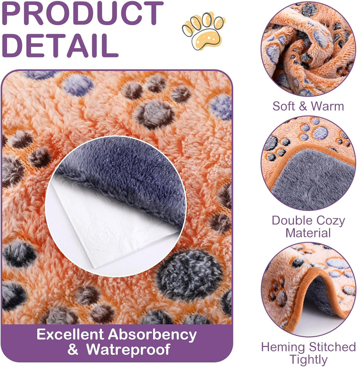 Panelee 36 x 36 Inch 4 Pcs Waterproof Dog Blankets Paw Print for Whelping