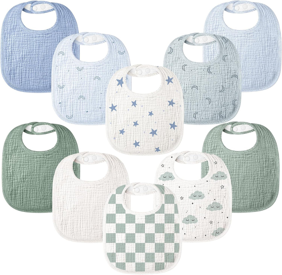 Bearmoss 100% Cotton 10 Pack Muslin Baby Bibs for Drooling and Teething
