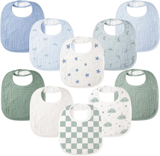 Bearmoss 100% Cotton 10 Pack Muslin Baby Bibs for Drooling and Teething