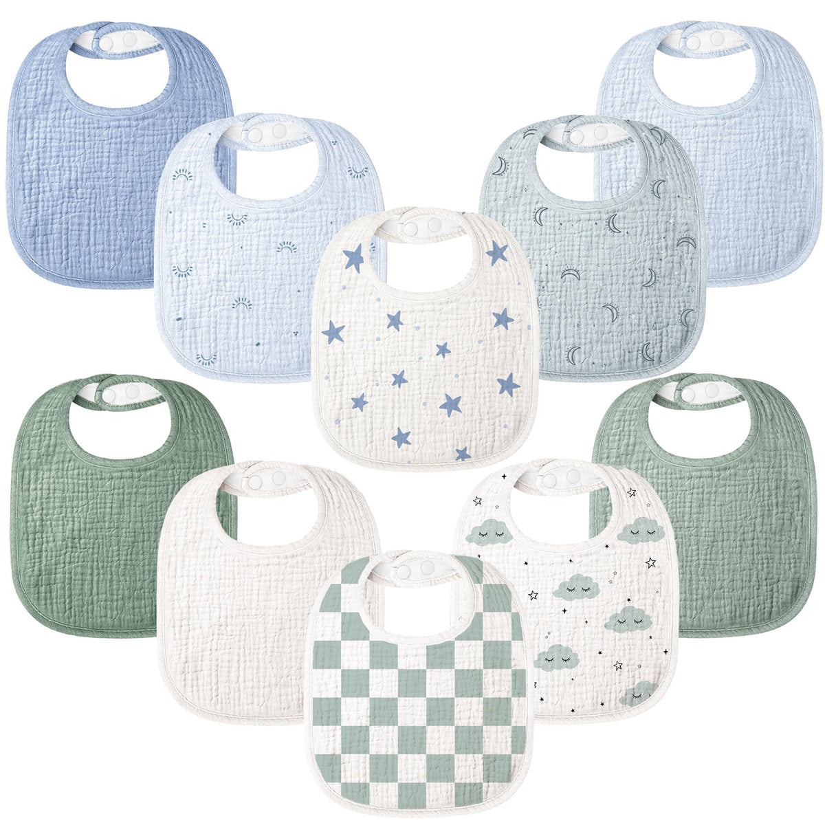 Bearmoss 100% Cotton 10 Pack Muslin Baby Bibs for Drooling and Teething