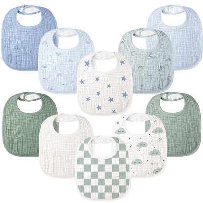 Bearmoss 100% Cotton 10 Pack Muslin Baby Bibs for Drooling and Teething