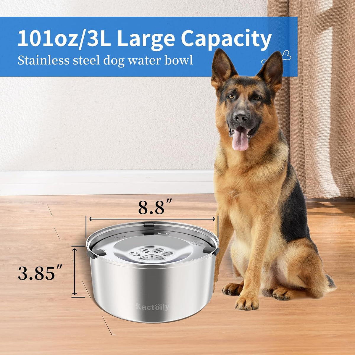 Kactoily 3L/101oz Dog Water Bowl Stainless Steel Slow Water Bowl for Dog
