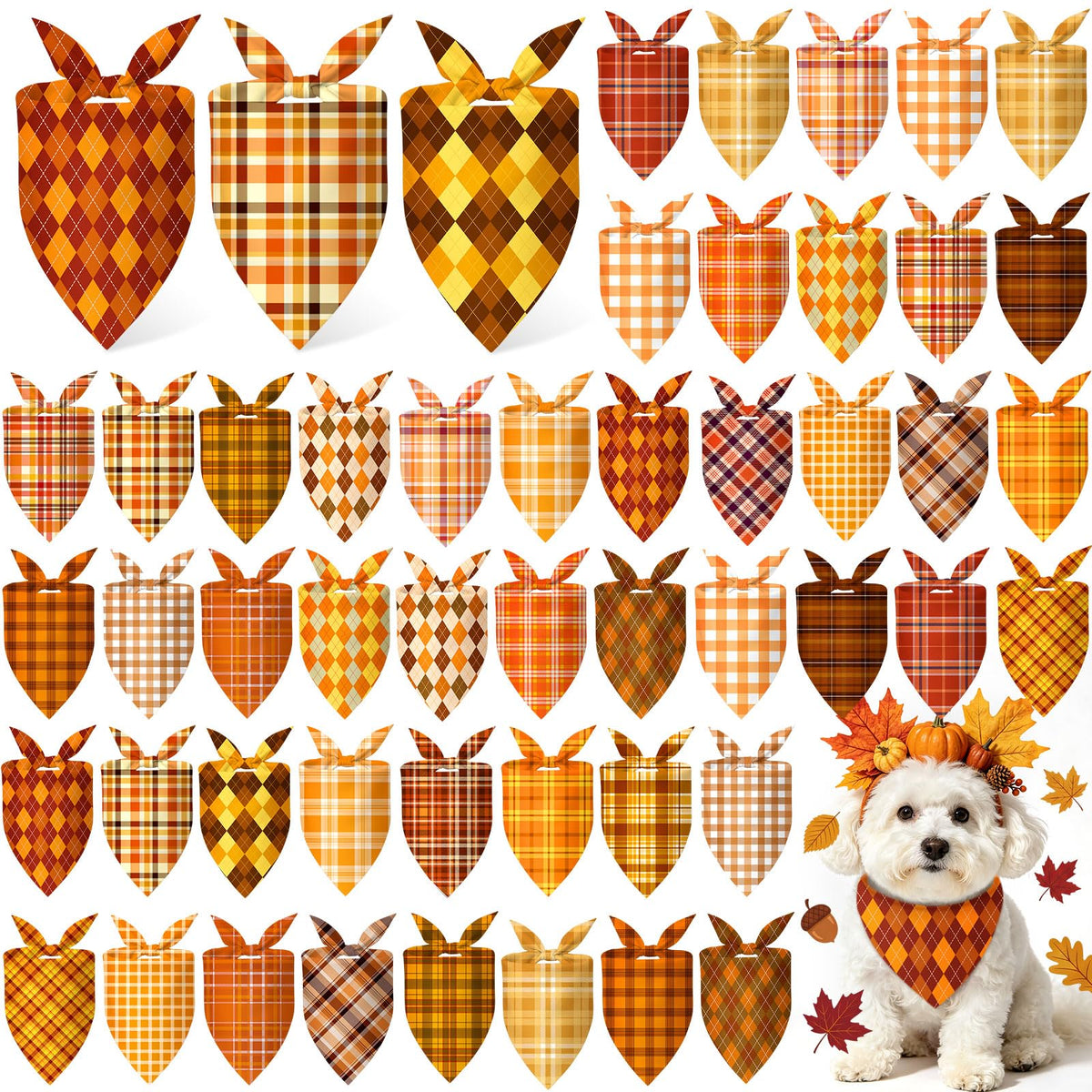 50 Pcs Fall Plaid Dog Bandanas Bulk Autumn Gingham Check Pattern