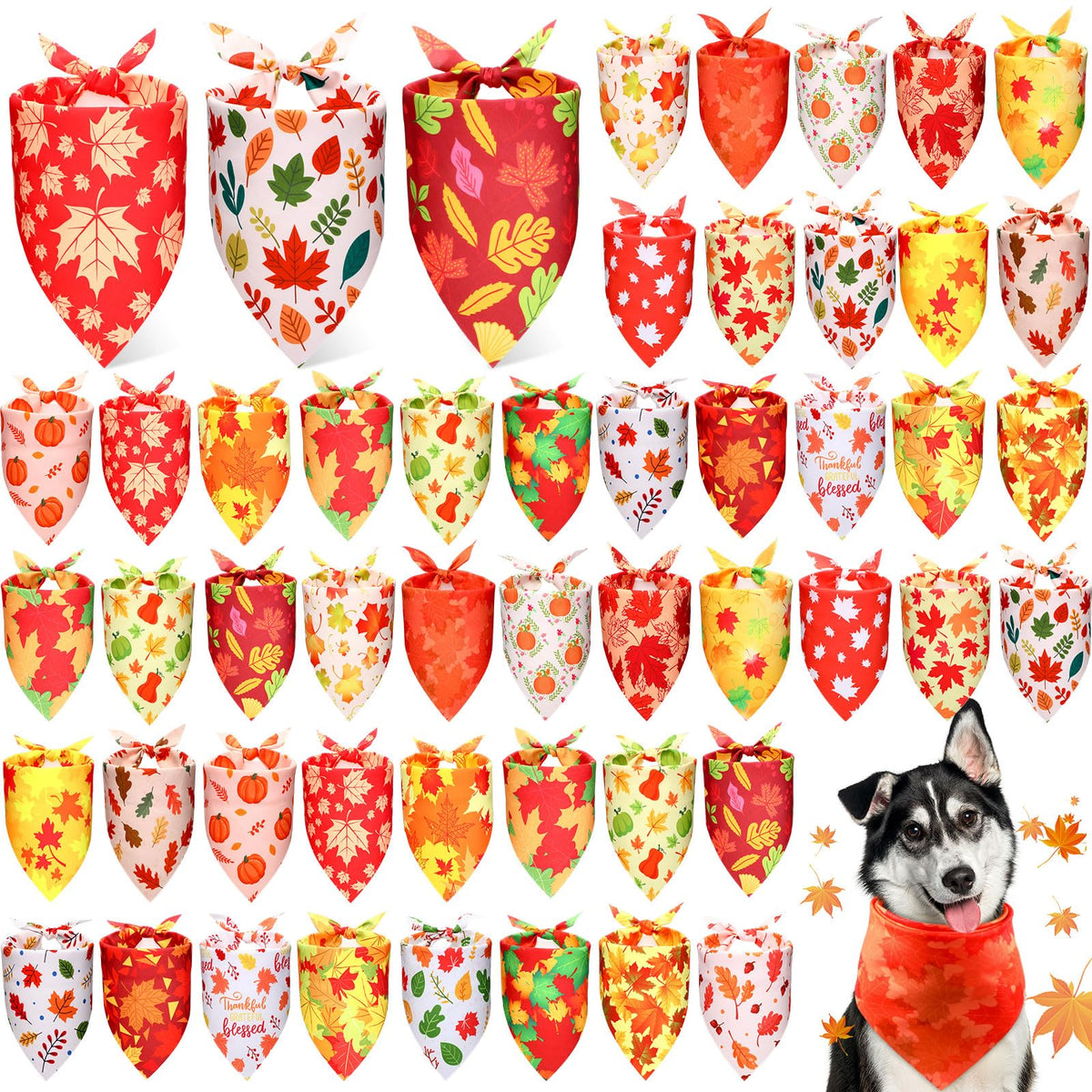 Preboun 50 Pcs Fall Dog Bandanas Bulk, Autumn Pumpkin Maple Leaves Pattern