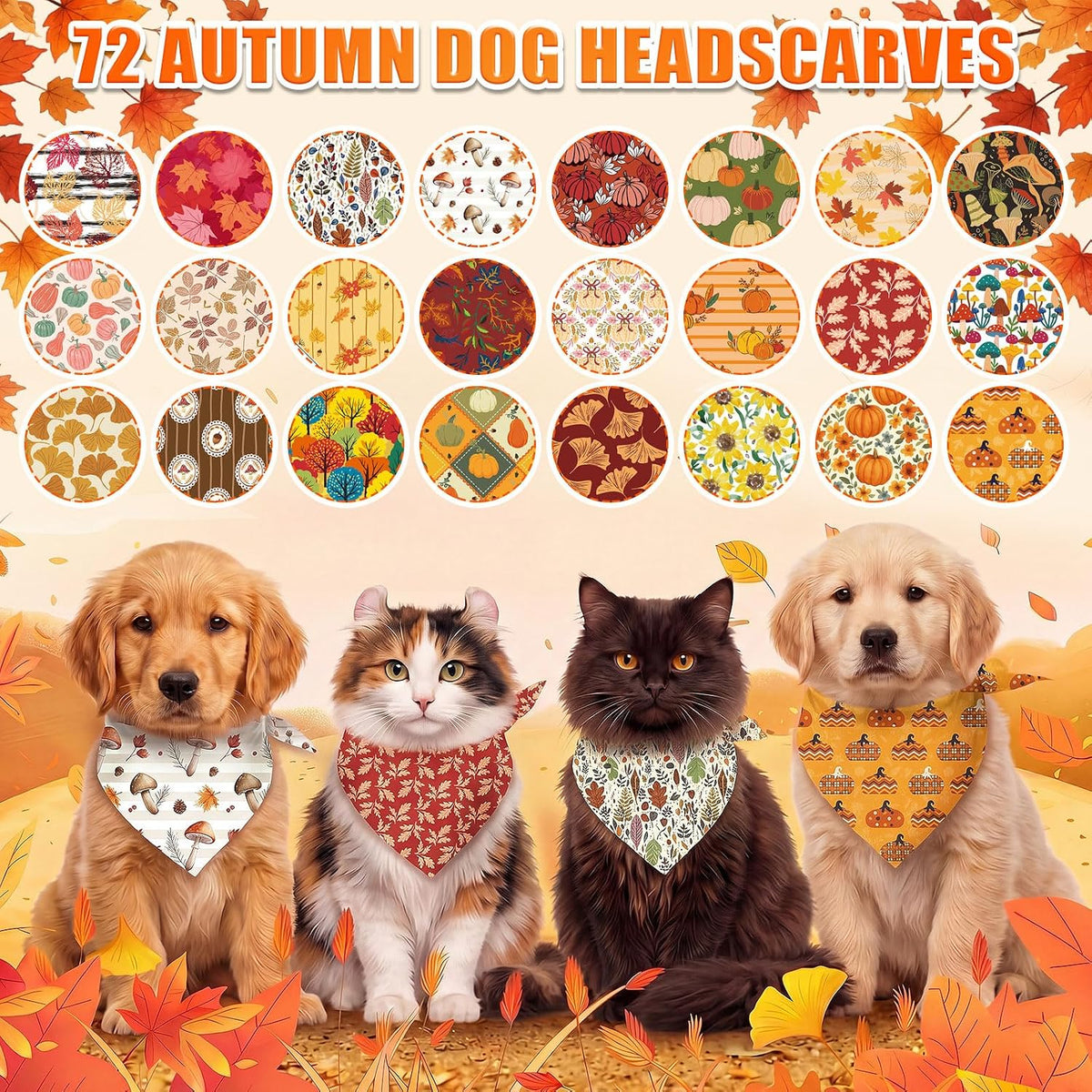 72 Pack Fall Dog Bandanas Bulk Autumn Triangle Pet Scarfs