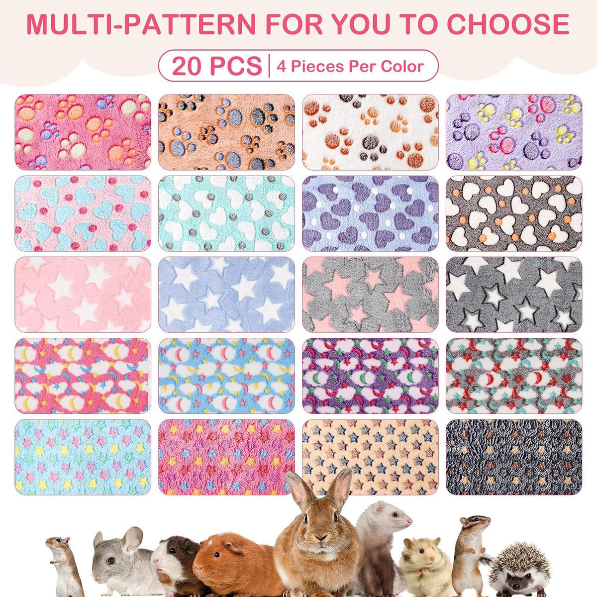 Newwiee 20 Pcs Waterproof Small Pet Fleece Blanket Bulk Washable Small Animal Cage Bedding Guinea Pig Puppy Dog Cat Pee Pad Liner Accessories(Assorted,18 x 13 Inch)