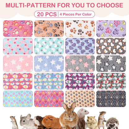 Newwiee 20 Pcs Waterproof Small Pet Fleece Blanket Bulk Washable Small Animal Cage Bedding Guinea Pig Puppy Dog Cat Pee Pad Liner Accessories(Assorted,18 x 13 Inch)