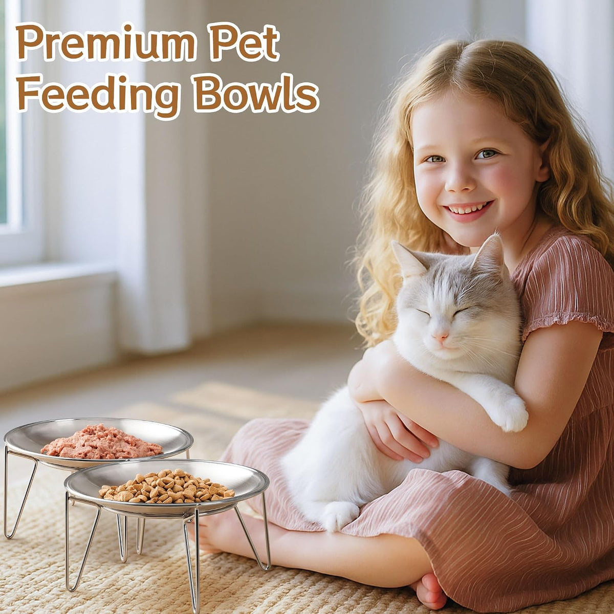 Elevated Cat Bowls, Wide Stainless Steel Cat Food Bowls with Metal Stand Whisker Stress-Free, Raised Food and Water Dish for Cats, Kitten, Puppies and Small Dogs