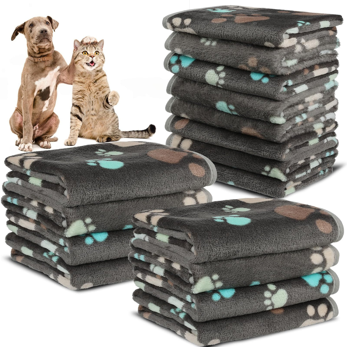 12 Pcs Small Dog Blanket Fleece Puppy Blankets Washable Pet Blankets for Cats Soft Flannel Paw Printed Throw for Guinea Pig Indoor Kittens Doggie (23 X 16 Inch, White, Dark Gray, Pink, Camel)