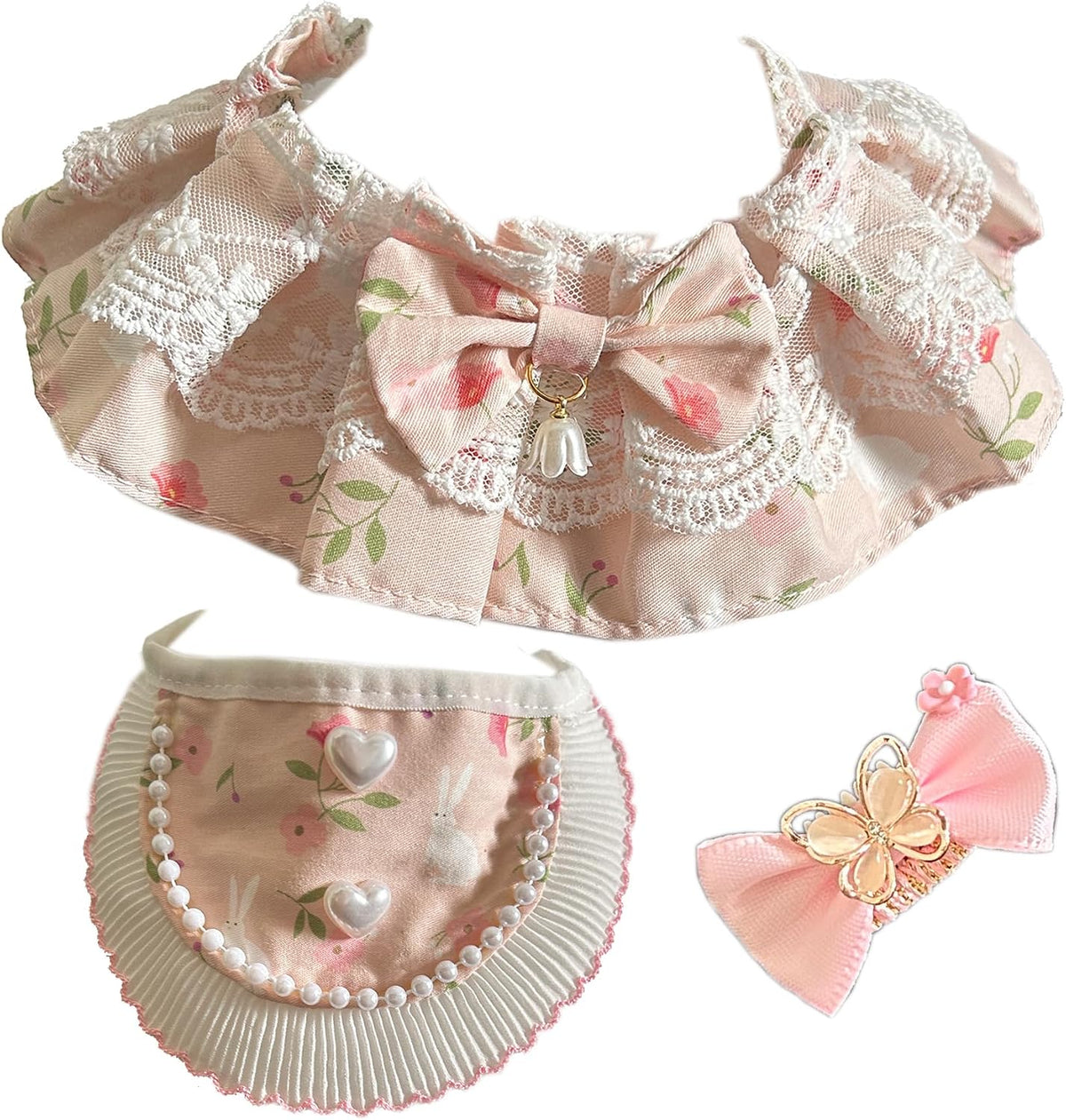 Floral & Lace Bandana Collar Set for Dogs and Cats, Hair Clip Scarf Bib