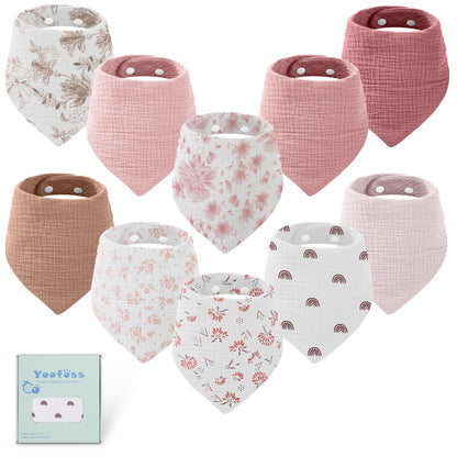 Yoofoss Muslin Baby Bibs 10 Pack 100% Organic Cotton 6-Layer Soft Absorbent Drool Bandana Baby Bibs for Drooling and Teething for Boys and Girls, Gradient Pink