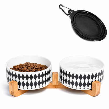 Petygooing Ceramic Dog Cat Bowls Set with Stand,Black Pet Food and Water Bowl,Small Dog Bowls Cute Modern Anti Slip Set of 2 Pet Feeder Small Size Pet Dish(13.5OZ/5.1 in)