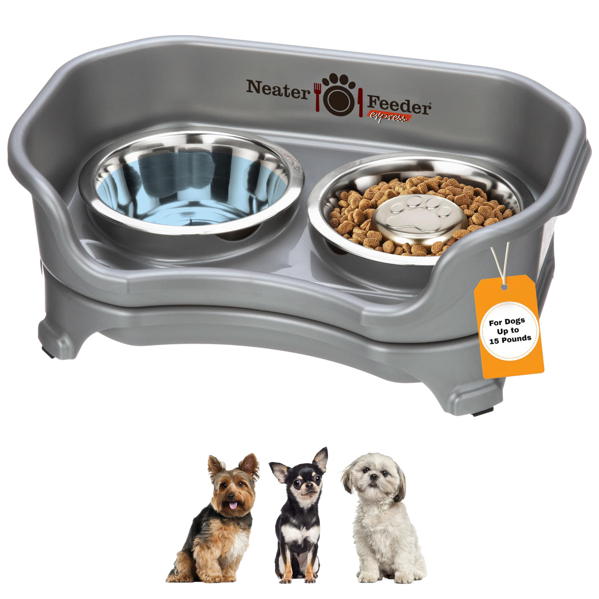 Neater Feeder Express Mess Proof Dog Bowls Elevated for Small Breeds under 15 Lb, Made in USA, No Spill Raised Dog Food Bowl Stand, Stainless Steel Food and Water Bowl Set, Feeding Station, Cappuccino