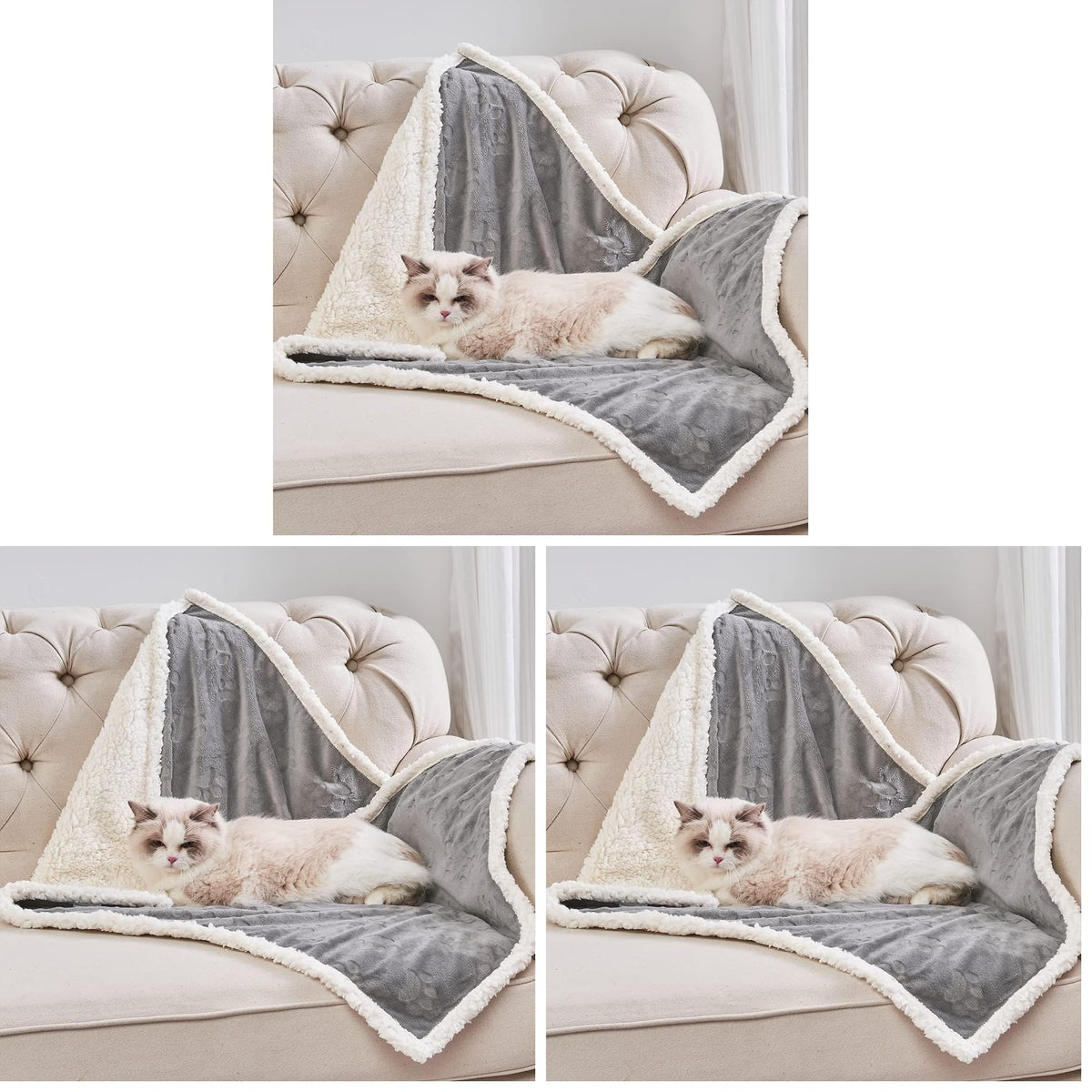 Qeils Dog & Cat Blankets - Waterproof Washable - Sherpa, Plus Plush Reversible, 25"X30", Grey Paw Print