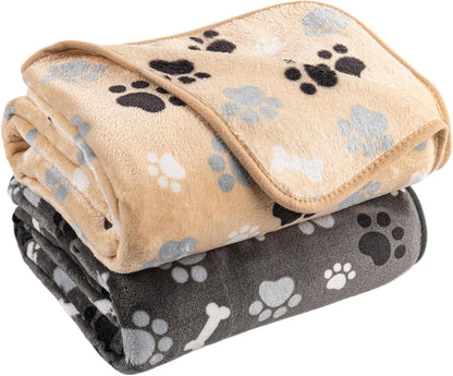 Dog Blanket 2 Pack Soft Flannel Pet Blanket for Dogs & Cats, Cozy Puppy Blanket for Couch Bed Crate, Washable Paw Print Throw 40 * 30 Inch Grey&Brown