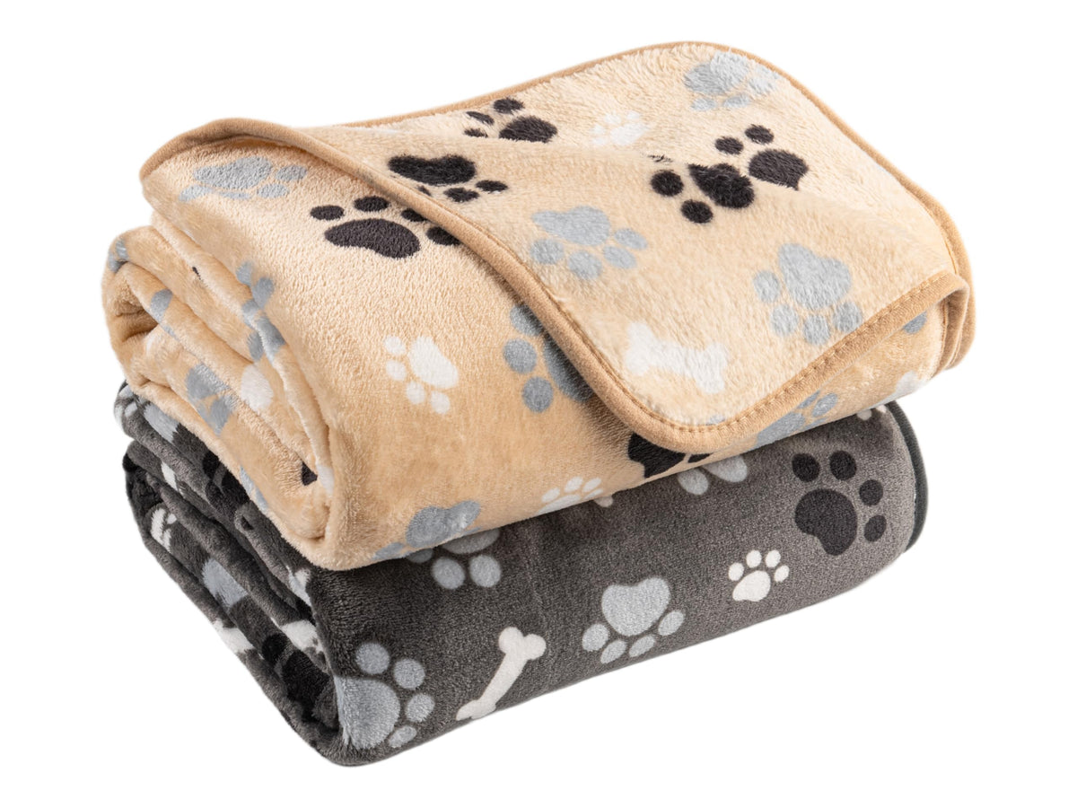 Dog Blanket 2 Pack Soft Flannel Pet Blanket for Dogs & Cats, Cozy Puppy Blanket for Couch Bed Crate, Washable Paw Print Throw 40 * 30 Inch Grey&Brown