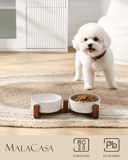 MALACASA Cat and Dog Bowl Set, Ceramic Bowls with Walnut Wood Stand, 2 Cups