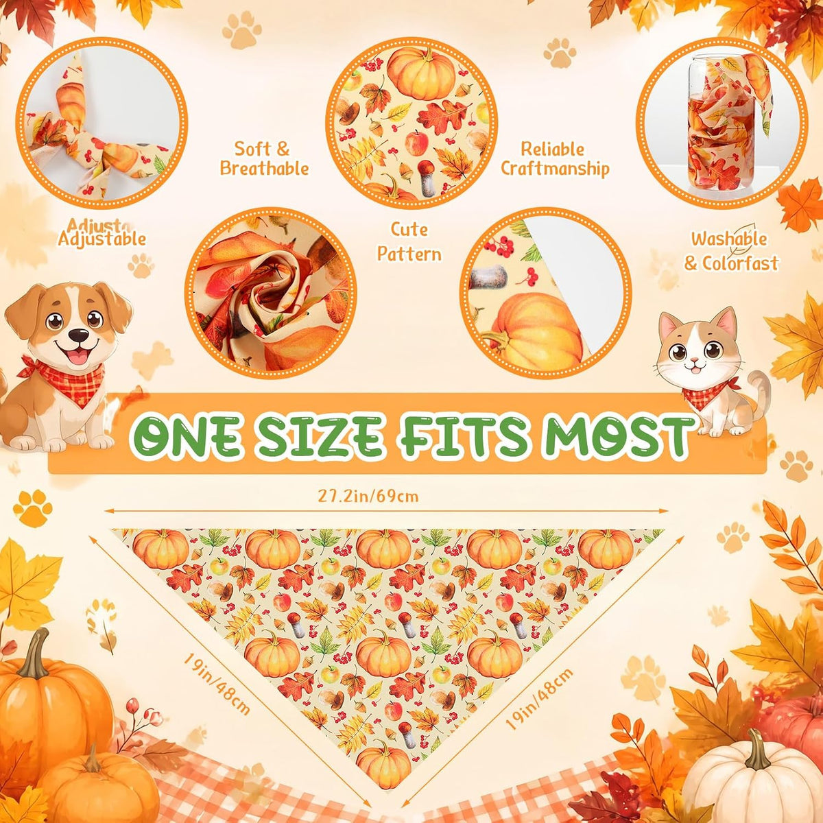 100 Pcs Fall & Thanksgiving Dog Bandanas Bulk with Holiday Sayings, Washable Adjustable Pet Triangle Scarf Bibs, Autumn Grooming Accessories for Small Medium Large Dogs Cats Costume Decor