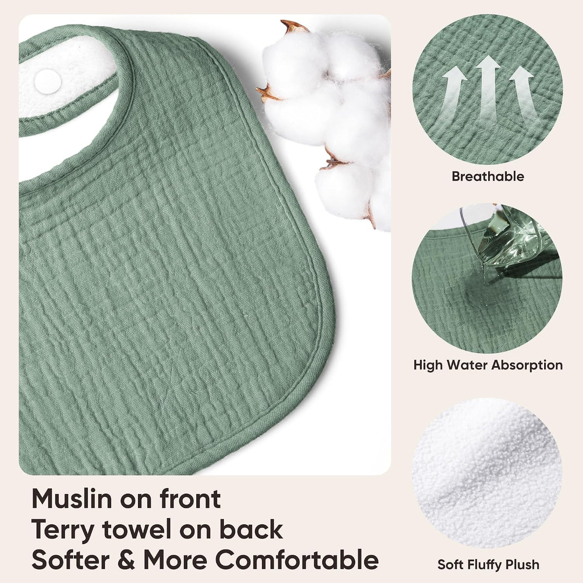 Bearmoss 100% Cotton 10 Pack Muslin Baby Bibs for Drooling and Teething
