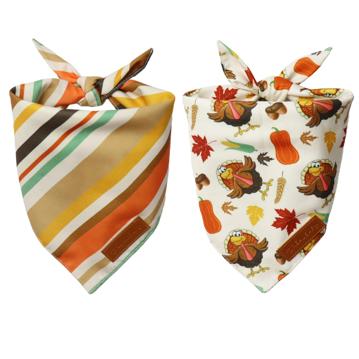 Realeaf Thanksgiving Dog Bandanas 2 Pack,Turkey Pumpkins Fall Stripe Pet Scarf for Boy and Girl, Premium Durable Fabric, Reversible Holiday Bandana for Medium and Large Dogs Pets