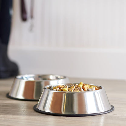 Amazon Basics Stainless Steel Non-Skid Dog Water And Food Bowls, Dishwasher Safe, Rust Resistant, 38oz Capacity, 10 x 2.8 Inches, 2-Pack