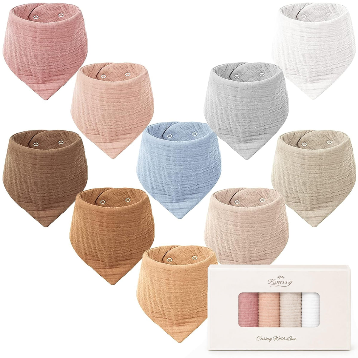 Konssy 10 Pack Baby Muslin Bandana Bibs for Drooling and Teething