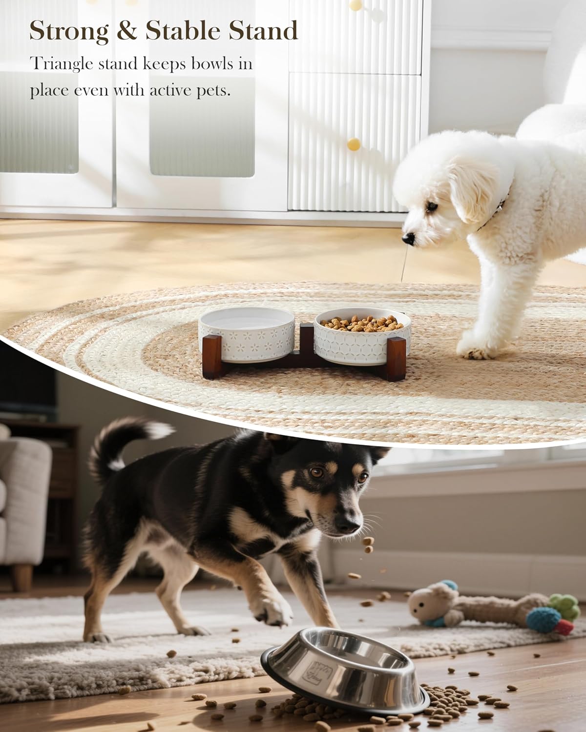 MALACASA Cat and Dog Bowl Set, Ceramic Bowls with Walnut Wood Stand, 2 Cups