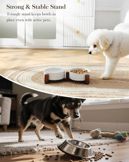 MALACASA Cat and Dog Bowl Set, Ceramic Bowls with Walnut Wood Stand, 2 Cups