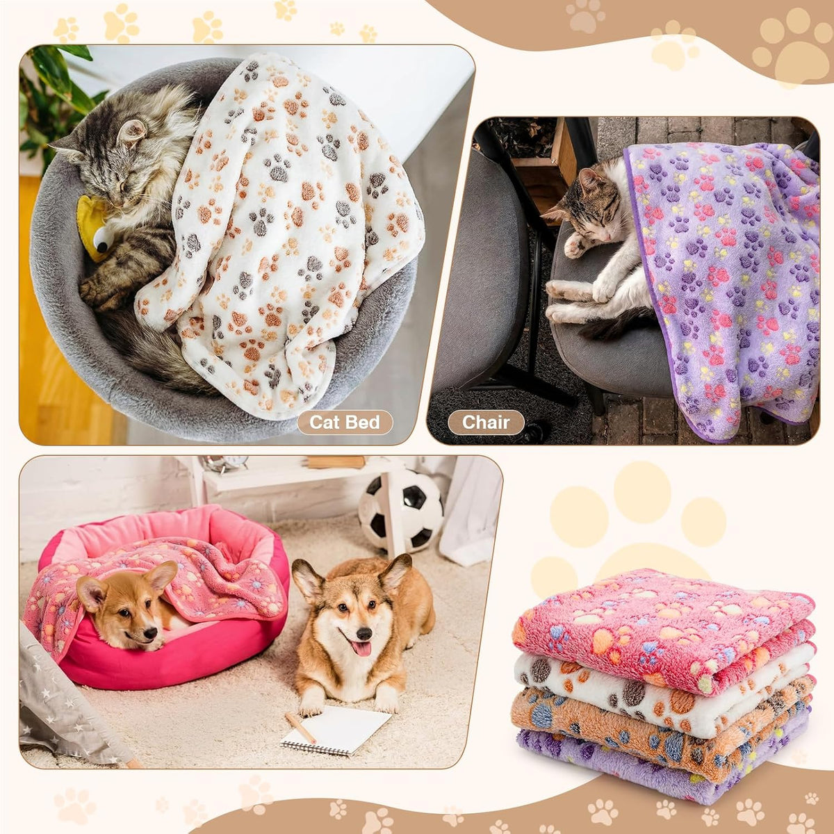 Tatuo 4 Pcs Fleece Dog Blankets for Puppy Cat, Mixed, 24 x 16 in, Paw